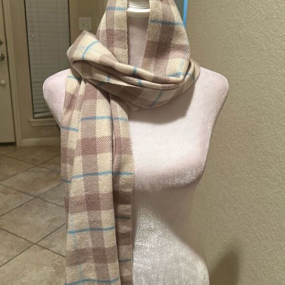 Royal Rossi 100% Cashmere Fringe Scarf Taupe Cream Checker Gingham Plaid Winter - Picture 3 of 6
